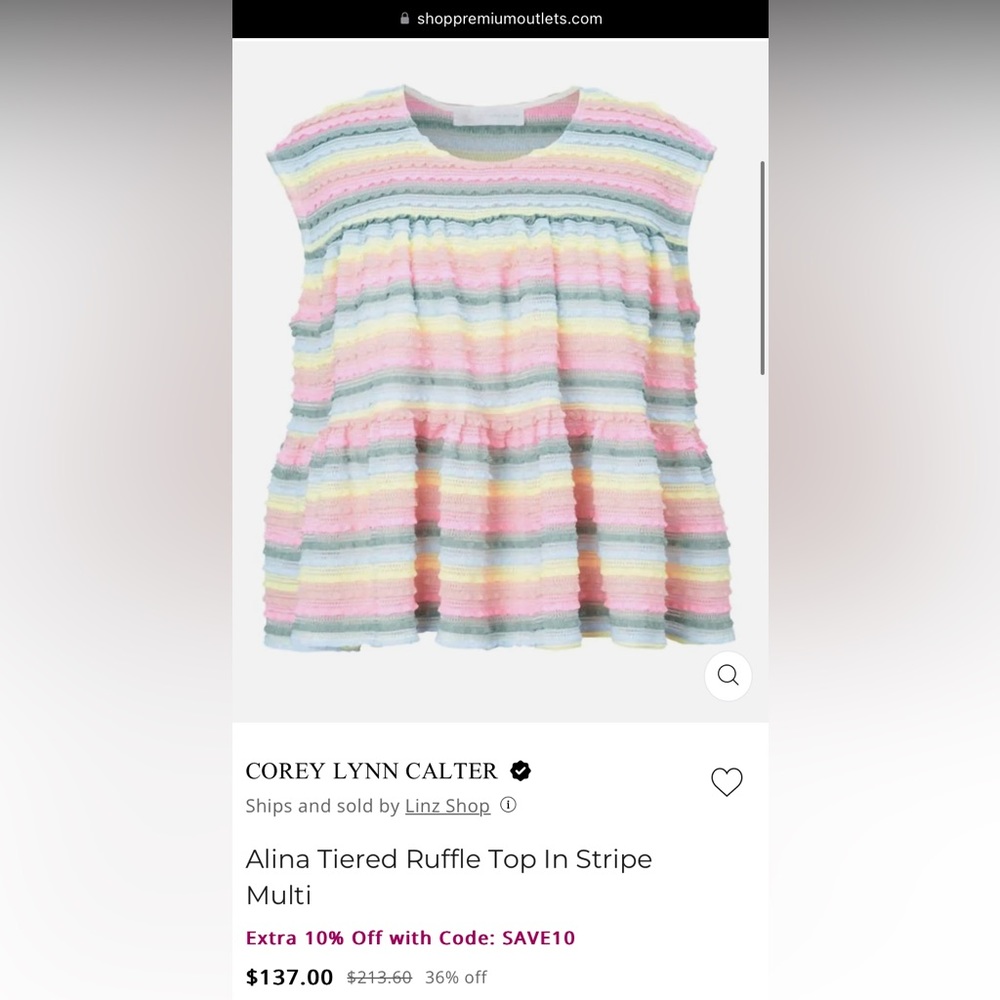 Corey Lynn Calter "Alina Tiered Ruffle Top In Stripe”. Size XS NWOT. Never worn